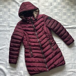 Perry Ellis Portfolio Purple Puffer Jacket with Leopard Print Lining